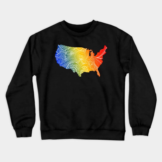 Colorful mandala art map of the United States of America in blue, yellow and red Crewneck Sweatshirt by Happy Citizen